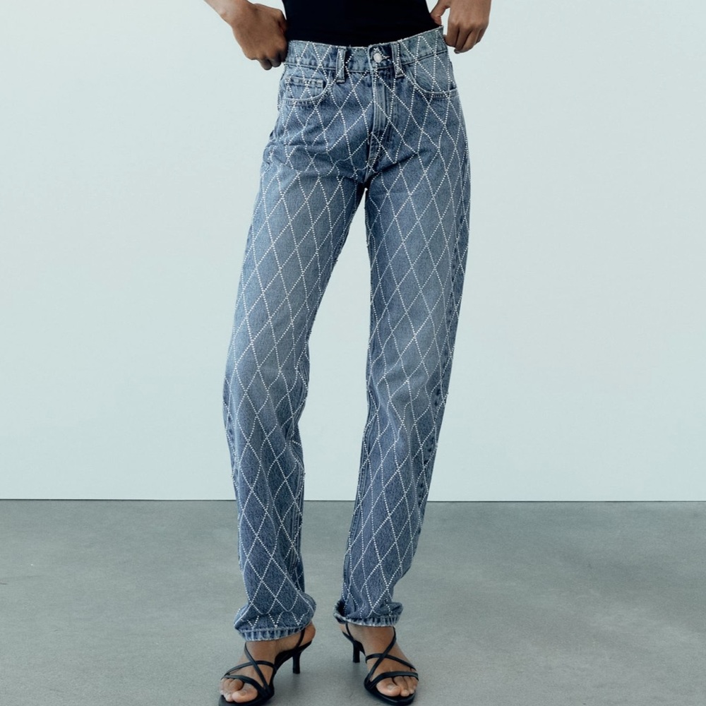 Zara TRF Mid Rise Rhinestone Jeans Size 4
